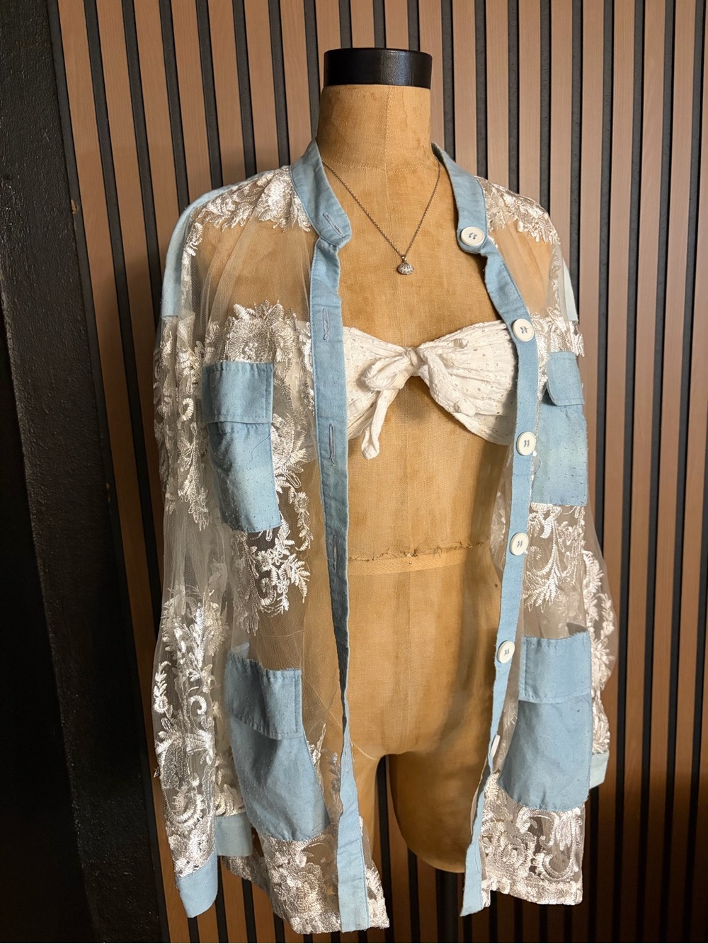 Sheer Lace and Light Blue Cotton Patchwork Jacket